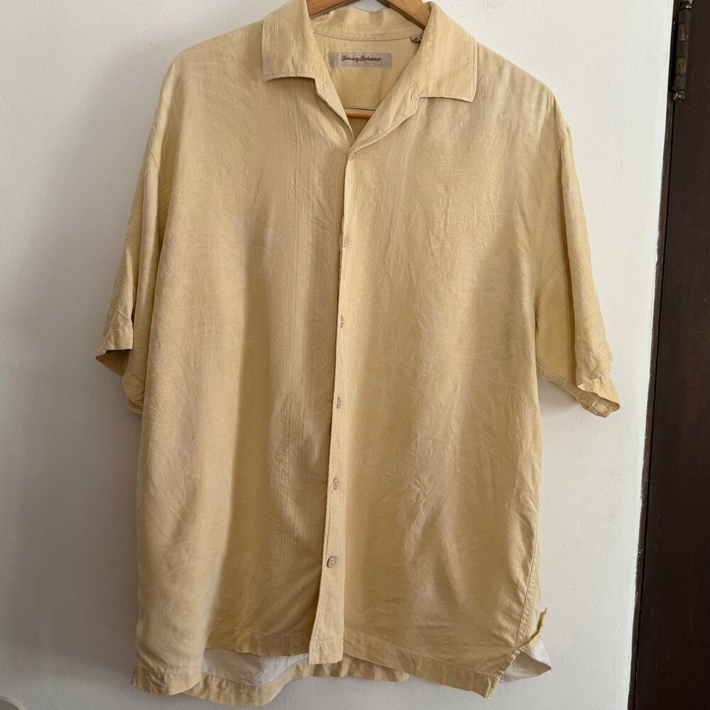Tommy Bahama Butter Yellow 100% Silk Jacquard Tropic Isles Camp Shirt - Large